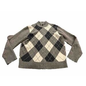 J.Crew Mens Brown Full Zip Diamond Argyle Long Sleeve Lambswool Sweater Size XL